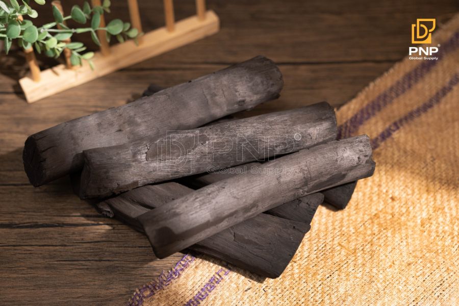 The charcoal is made predominantly from carbon. The source of this carbon is its production process, carbonization, in which eucalyptus wood is heated in complete absence of oxygen