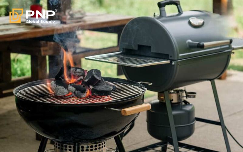 charcoal grill and gas grill side by side cooking