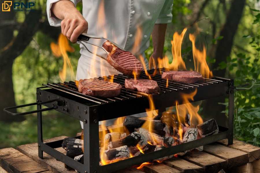 Charcoal is the best option for searing steaks because of its consistently high temperature