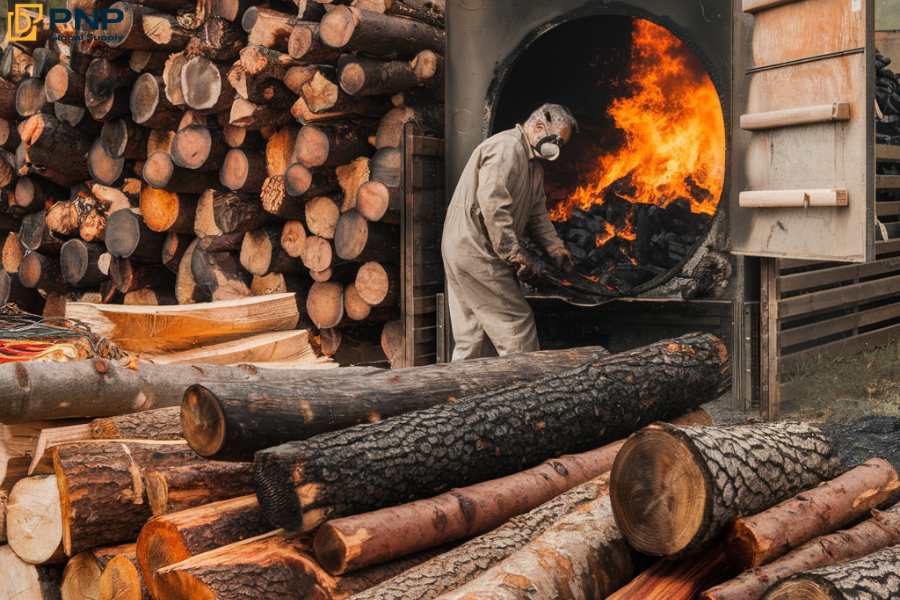 There are different types of wood used in charcoal making including oak, hickory, eucalyptus