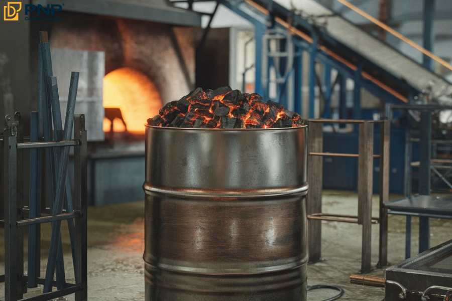 The carbonization process involves burning wood in a strong metal tank