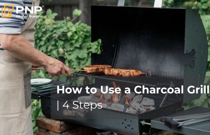 Man lighting charcoal in a grill for outdoor barbecue