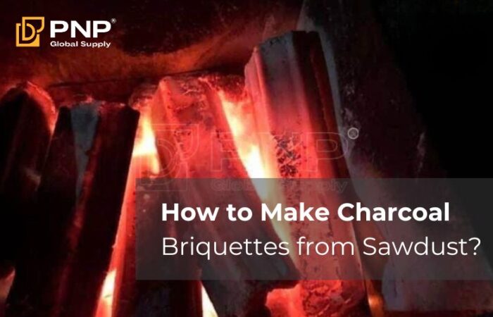 Sawdust being processed to make charcoal briquettes using simple tools.