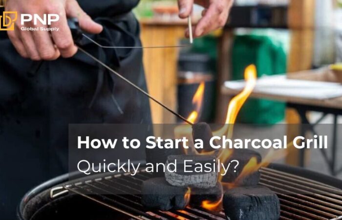 Man lighting charcoal grill with a chimney starter, showing how to start a charcoal grill easily.