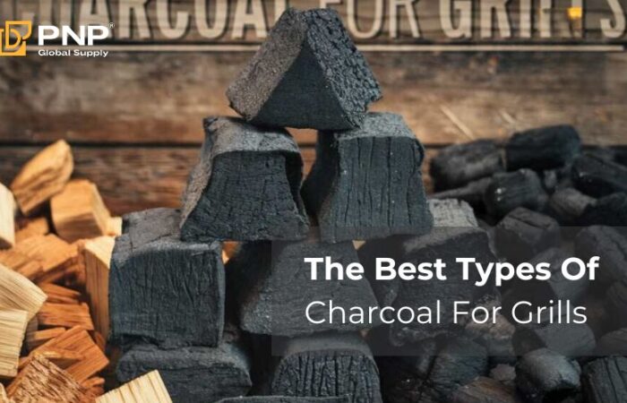 Lump charcoal pieces stacked for grilling.