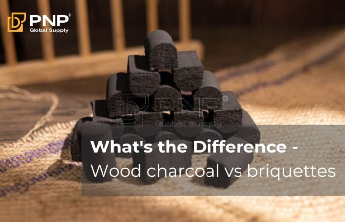 Comparison of lump charcoal vs briquettes showing size and texture differences.