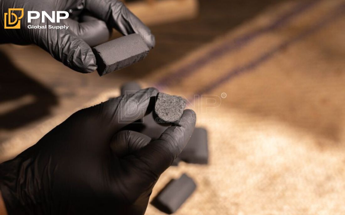 Pile of natural charcoal briquettes on a wooden surface