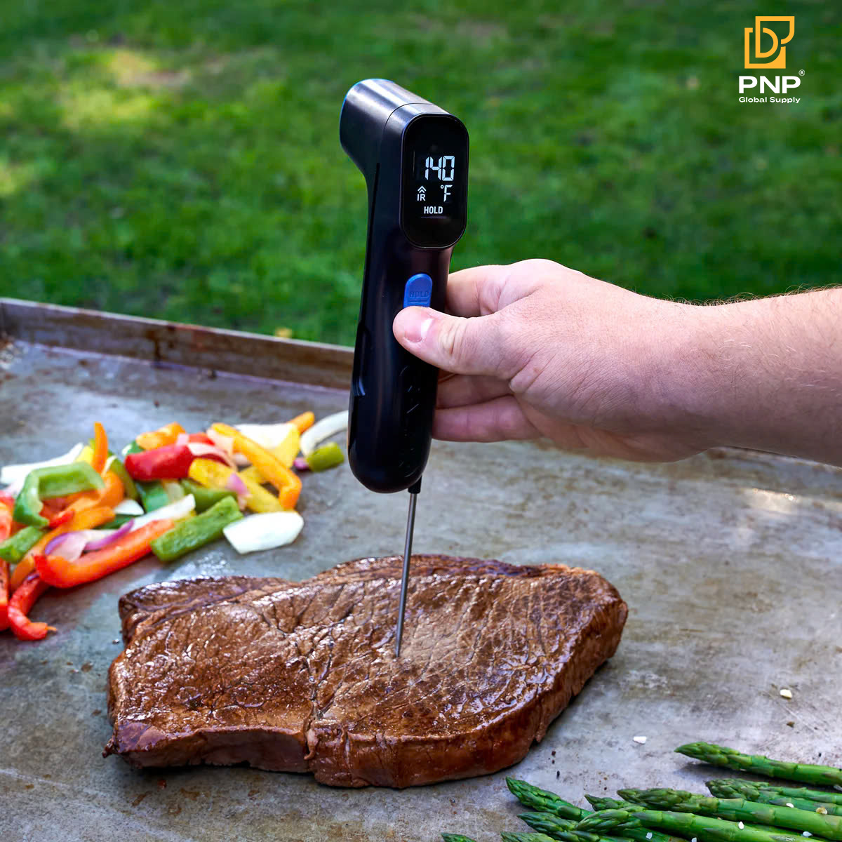 An infrared thermometer lets you easily check the charcoal's surface temperature