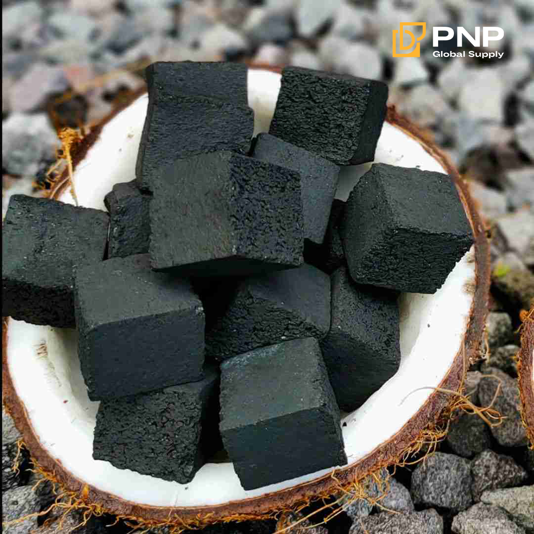 Finished charcoal briquettes ready for use